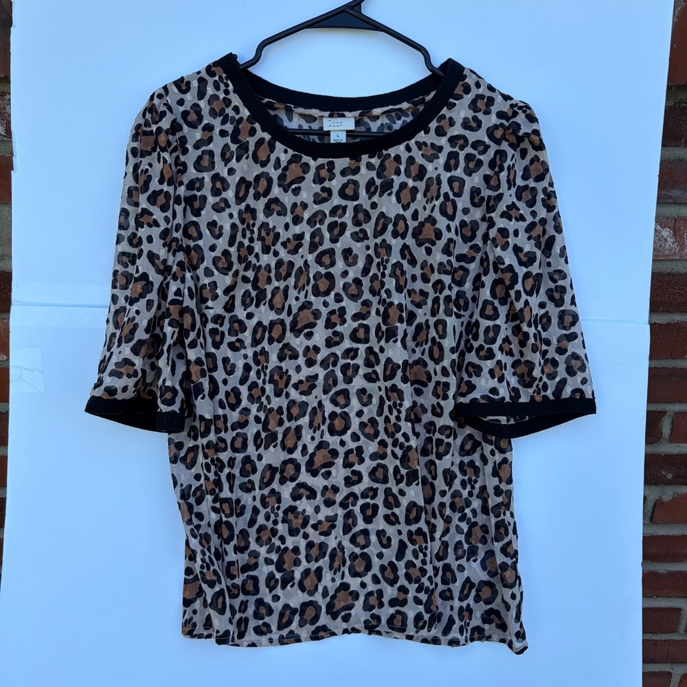 A New Day Leopard Print Clip Dot Short Sleeve Blouse Black Trim Tan Brown Large